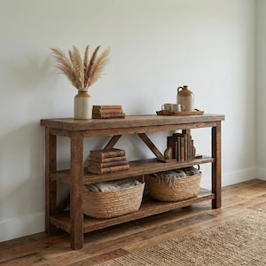 Rustieke massief houten bijzettafel met dubbele plank – Handgemaakte smalle boerenhaltafel