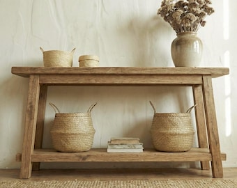 Consola de madera maciza para sofá, mueble de entrada estrecho con estante, estilo rústico.