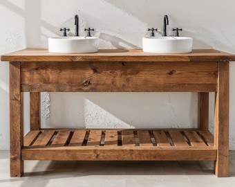 Farmhouse Bathroom Vanity - Rustic Solid Wood Cabinet - Handmade Reclaimed Furniture Open Shelf