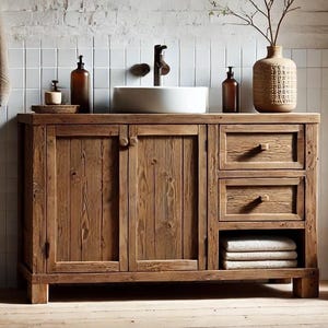 Rustic Solid Wood Bathroom Vanity with Drawers – Handmade Farmhouse Sink Cabinet for Bathroom Storage Furniture