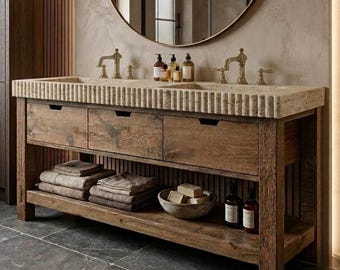 Marble Bathroom Vanity, Solid Wood Double Sink Vanity with Drawers & Shelf