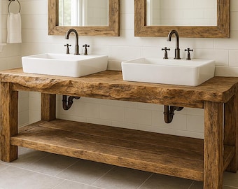 Live Edge Rustic Solid Wood Bathroom Vanity Cabinet – Handmade Farmhouse Storage with Open Shelf
