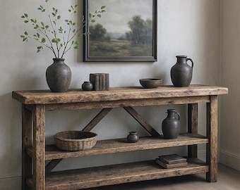 Rustic Console Table with Double Shelf - Farmhouse Style -  Narrow Wood Table -Handmade  Wood Entryway Table