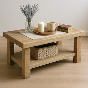 Rustic Wood Coffee Table - Handmade Solid Wood Living Room Table - Reclaimed Wood Coffee Table with Storage Shelf