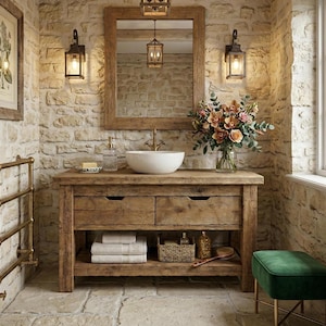 Badezimmer Waschtisch Massivholz mit Schubladen - Bauernhaus rustikaler Waschbeckenschrank