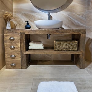 Rustic Wood Bathroom Vanity - Handmade Solid Wood Sink Stand - Farmhouse Bathroom Counter -  Wood Vanity with Drawers