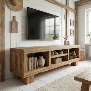 Handcrafted TV Stand Solid Wood Media Console Rustic Farmhouse Entertainment Center with Storage Shelves