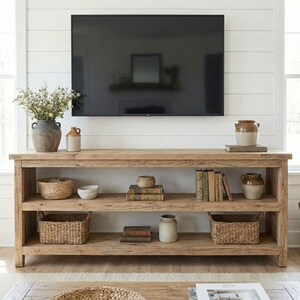 Oak TV Stand Solid Wood Media Console Rustic Farmhouse Entertainment Center with Storage Shelves