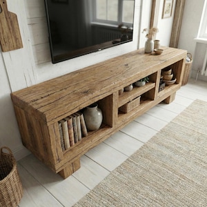 Handcrafted TV Stand Solid Wood Media Console Rustic Farmhouse Entertainment Center with Storage Shelves
