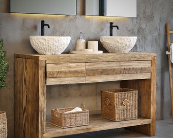 Rustic Bathroom Vanity with 3 Drawers – Handmade Solid Wood Farmhouse Washstand Cabinet