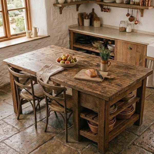 Reclaimed Oak Kitchen Island, Rustic Farmhouse Prep Table, Solid Wood Storage Furniture