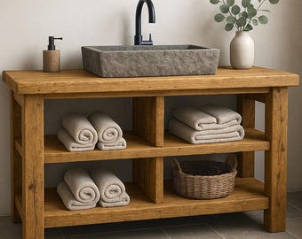 Rustic Wood Bathroom Vanity - Handmade Solid Wood Sink Stand -  Wood Washbasin Table with Storage
