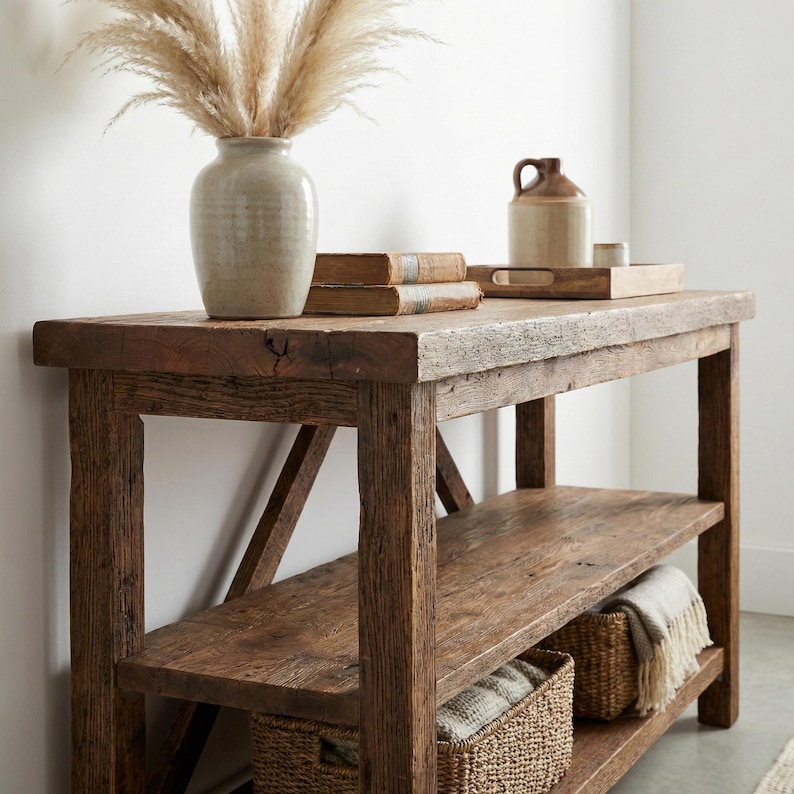 Rustic Solid Wood Console Table With Double Shelf – Handmade Narrow ...
