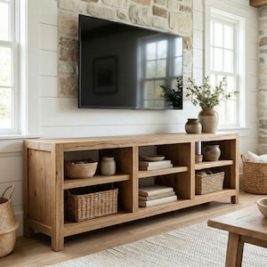 TV Stand Solid Oak Wood Media Console with Shelves Rustic Farmhouse Storage Unit