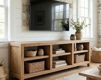 TV Stand Solid Oak Wood Media Console with Shelves Rustic Farmhouse Storage Unit
