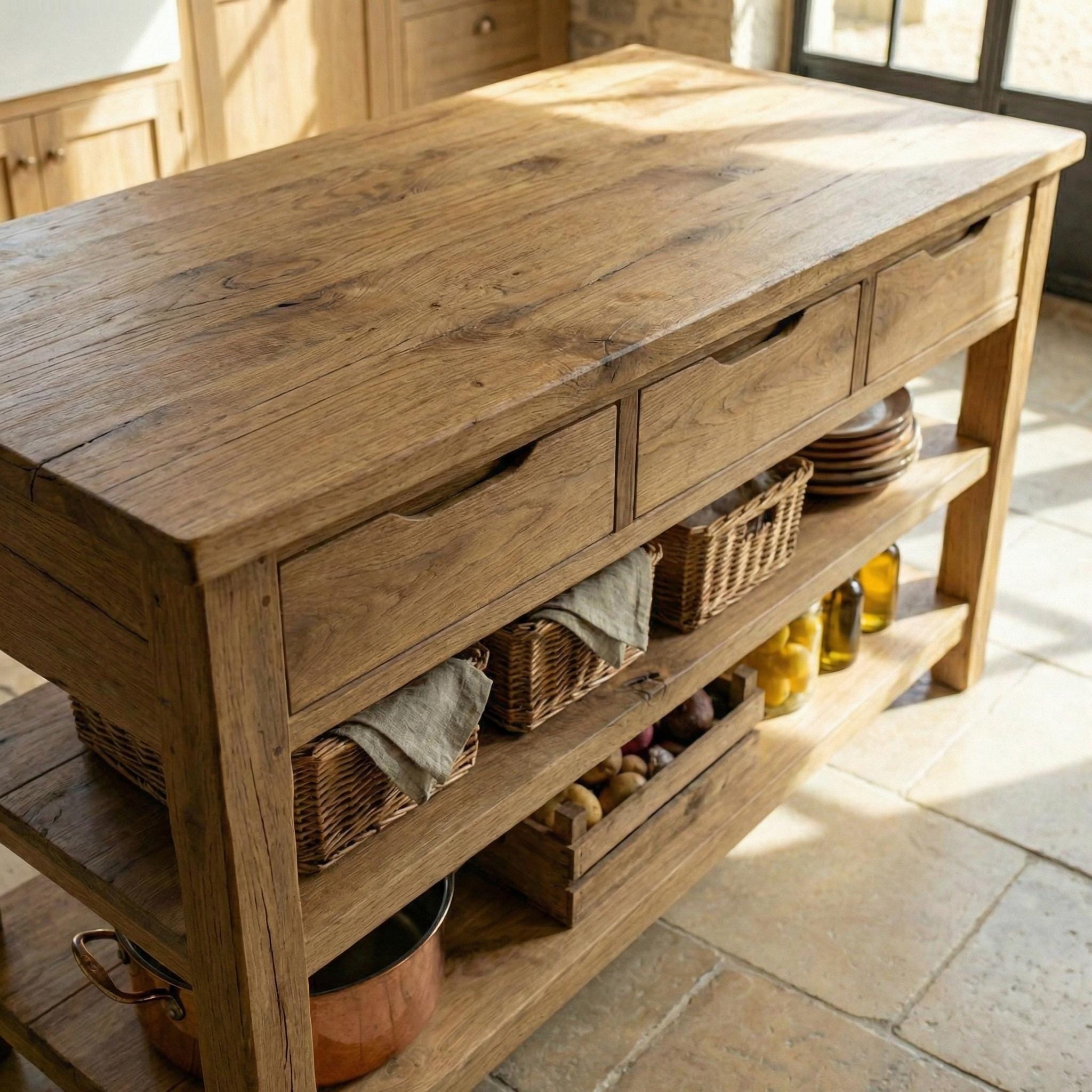Solid Oak Kitchen Island With Drawers - Handmade Farmhouse Storage ...