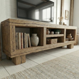 Handcrafted TV Stand Solid Wood Media Console Rustic Farmhouse Entertainment Center with Storage Shelves