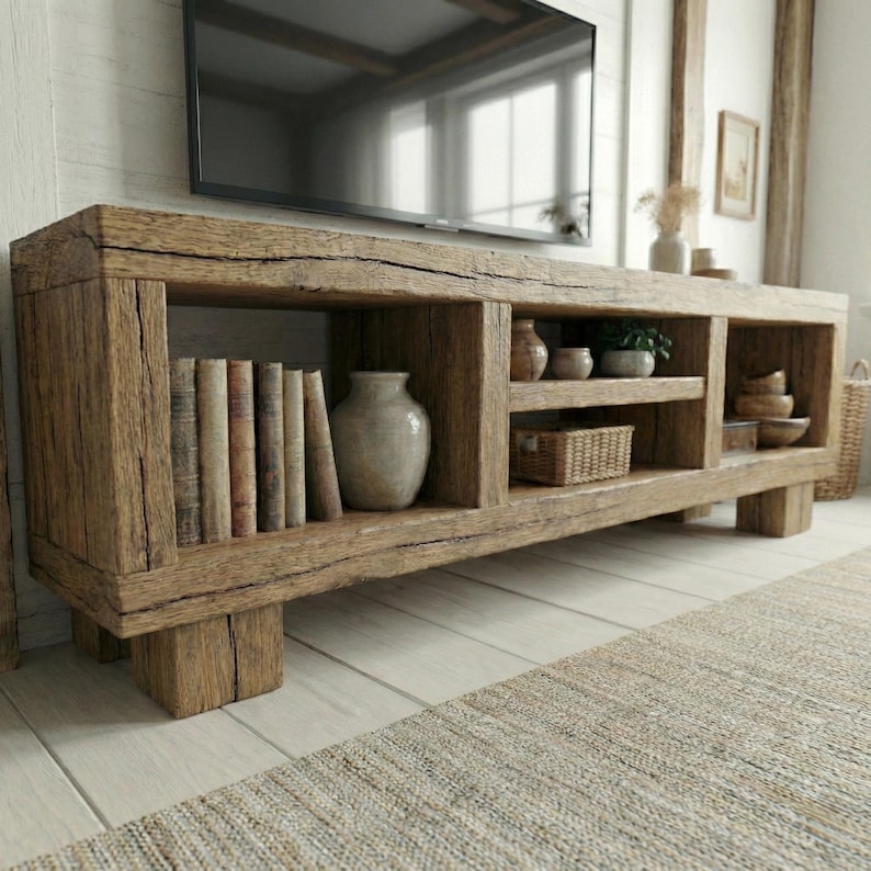 Handcrafted TV Stand Solid Wood Media Console Rustic Farmhouse Entertainment Center with Storage Shelves