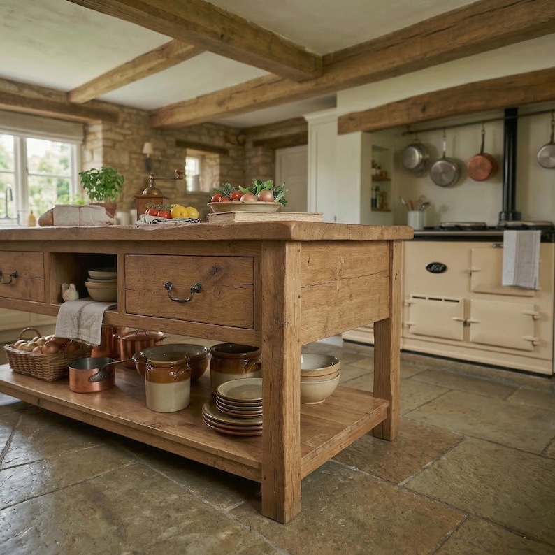 Solid Oak Kitchen Island -rustic Farmhouse Handmade Wood Work Table ...