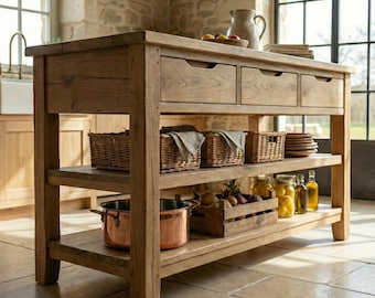 Solid Oak Kitchen Island with Drawers - Handmade Farmhouse Storage Table - Rustic Wood Prep Unit