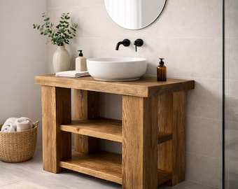 Mueble de baño rústico de madera maciza con doble estante: consola de baño rústica hecha a mano