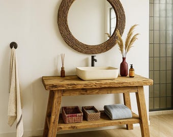 Handmade Solid Wood Bathroom Vanity – Rustic Farmhouse Washstand with Storage Shelf