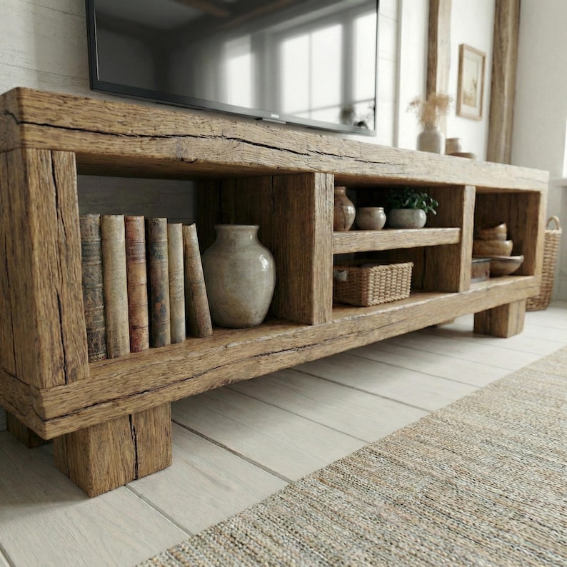 Handcrafted TV Stand Solid Wood Media Console Rustic Farmhouse Entertainment Center with Storage Shelves