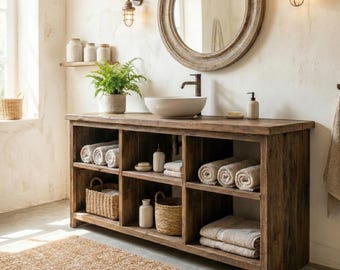 Reclaimed Solid Oak Bathroom Vanity - Rustic Farmhouse Wood Cabinet
