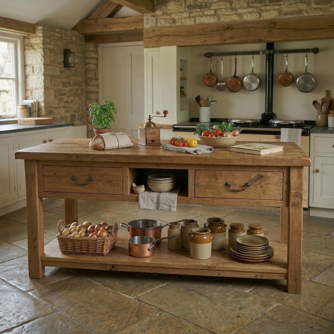 Solid Oak Kitchen Island -rustic Farmhouse Handmade Wood Work Table ...