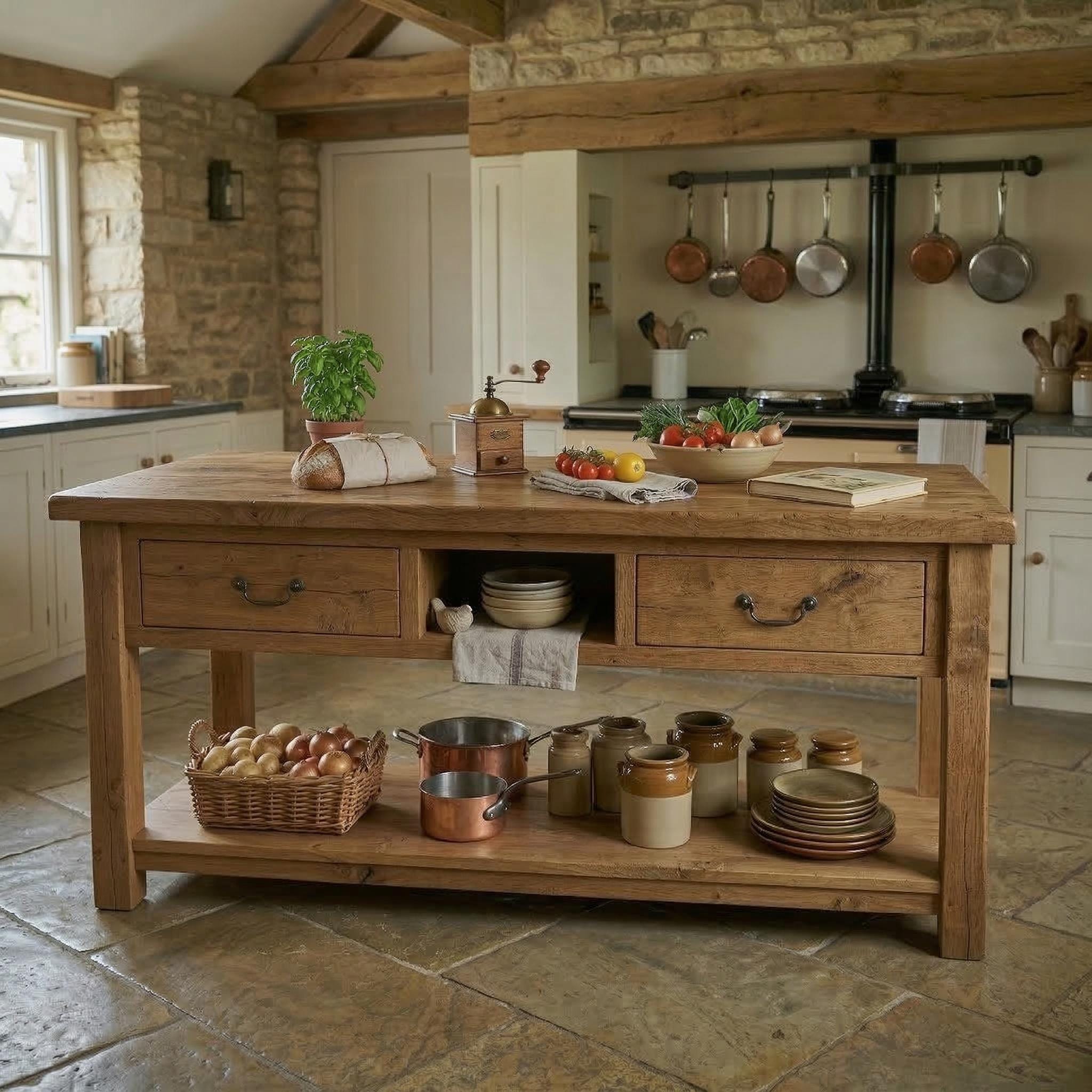 Solid Oak Kitchen Island -rustic Farmhouse Handmade Wood Work Table ...