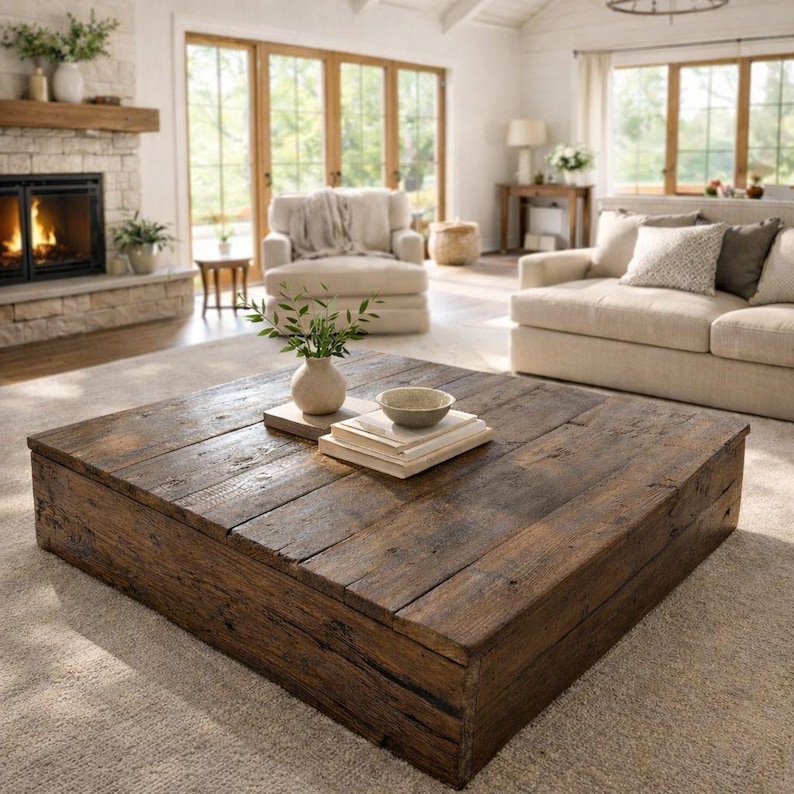 Reclaimed Wood Coffee Table, Low Profile Living Room Furniture, Modern Oak Farmhouse Style