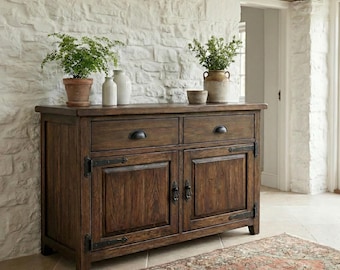Rustic Solid Wood Sideboard – Handmade Farmhouse Storage Cabinet with Doors