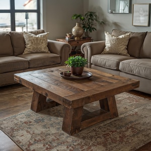 Rustic Square Solid Wood Coffee Table – Handmade Farmhouse Living Room Center Table