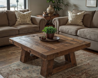 Rustic Square Solid Wood Coffee Table – Handmade Farmhouse Living Room Center Table