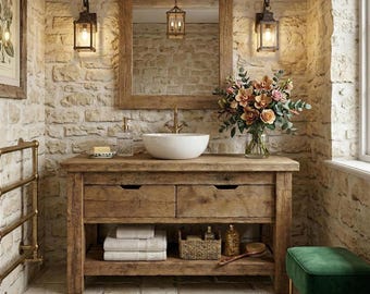 Bathroom Vanity Solid Oak Wood with Drawers – Farmhouse Rustic Sink Cabinet