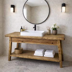 Rustic Solid Wood Bathroom Vanity Cabinet – Handmade Farmhouse Storage with Open Shelf