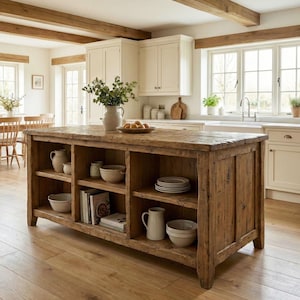 Könnte beinhalten: Rustikale Kücheninsel aus Holz mit offenen Regalen. Sie hat eine Arbeitsplatte aus Naturholz und ist mit Keramikschalen, Tellern und Büchern gefüllt. Die Küche hat cremefarbene Schränke und Holzböden.