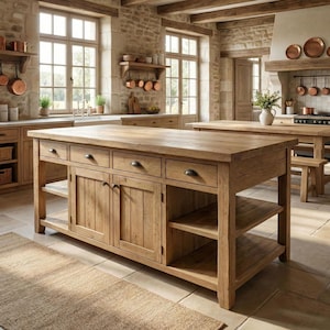 May include: A rustic kitchen with a large wooden island featuring drawers, cabinets, and open shelving. The island is made of light-colored wood and has a natural finish. The kitchen also includes stone walls, wooden beams, and copper cookware.