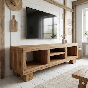 Handcrafted TV Stand Solid Wood Media Console Rustic Farmhouse Entertainment Center with Storage Shelves