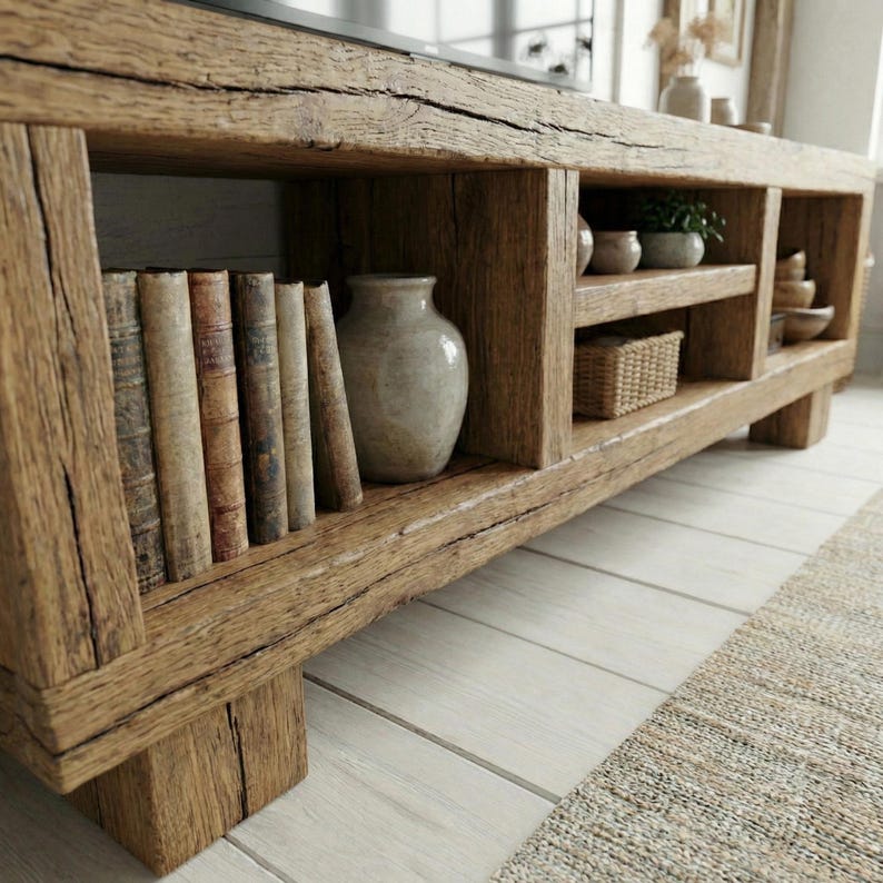 Handcrafted TV Stand Solid Wood Media Console Rustic Farmhouse Entertainment Center with Storage Shelves