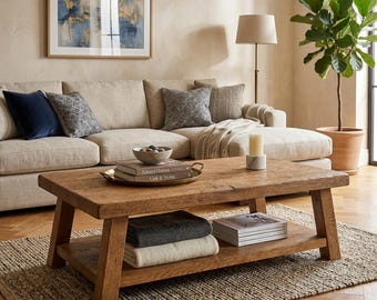 Rustic Solid Wood Coffee Table with Shelf – Handmade Farmhouse Living Room Table