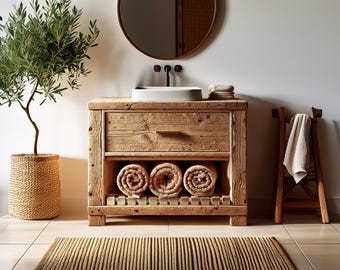 Solid Wood Bathroom Vanity - Farmhouse Rustic Sink Cabinet with Drawer & Shelf