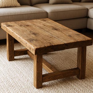 Solid Wood Coffee Table with Storage Shelf – Handmade Rustic Farmhouse Living Room Table