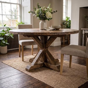 May include: A round wooden dining table featuring a thick, textured surface and a robust cross-base pedestal. The table is paired with two upholstered chairs finished in light beige fabric with wooden legs, forming a complete furniture set.