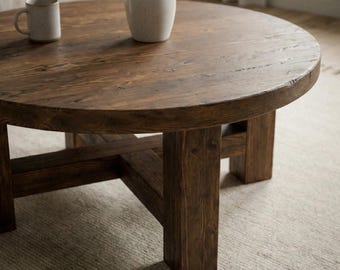 Rustic Round Wooden Coffee Table - Handcrafted Solid Wood Table - Farmhouse Style Living Room Decor