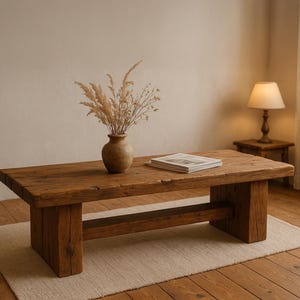 Solid Wood Coffee Table with Sturdy Legs – Handmade Rustic Farmhouse Living Room Table