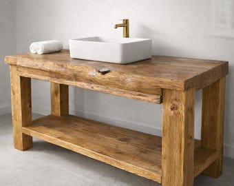 Rustic Bathroom Vanity - Solid Wood Farmhouse Table with Open Shelf