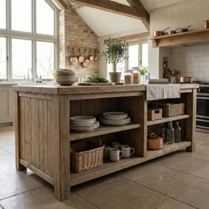 Puede incluir: Isla de cocina de madera rústica con estanterías abiertas. La isla presenta un acabado marrón claro desgastado y está equipada con platos, tazas, cestas y botellas. Las ollas de cobre cuelgan de la pared de piedra en el fondo.