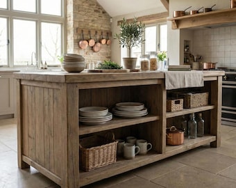 Kitchen Island with Storage Shelves, Solid Oak Farmhouse Prep Table for Kitchens