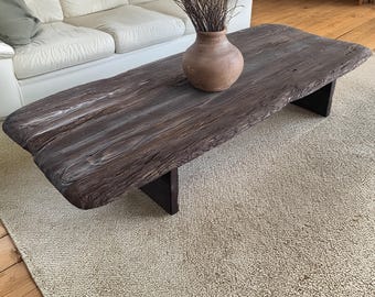 Handmade Rustic Coffee Table - Live Edge Wood Table - Dark Brown Farmhouse Centerpiece - Natural Wooden Low Table